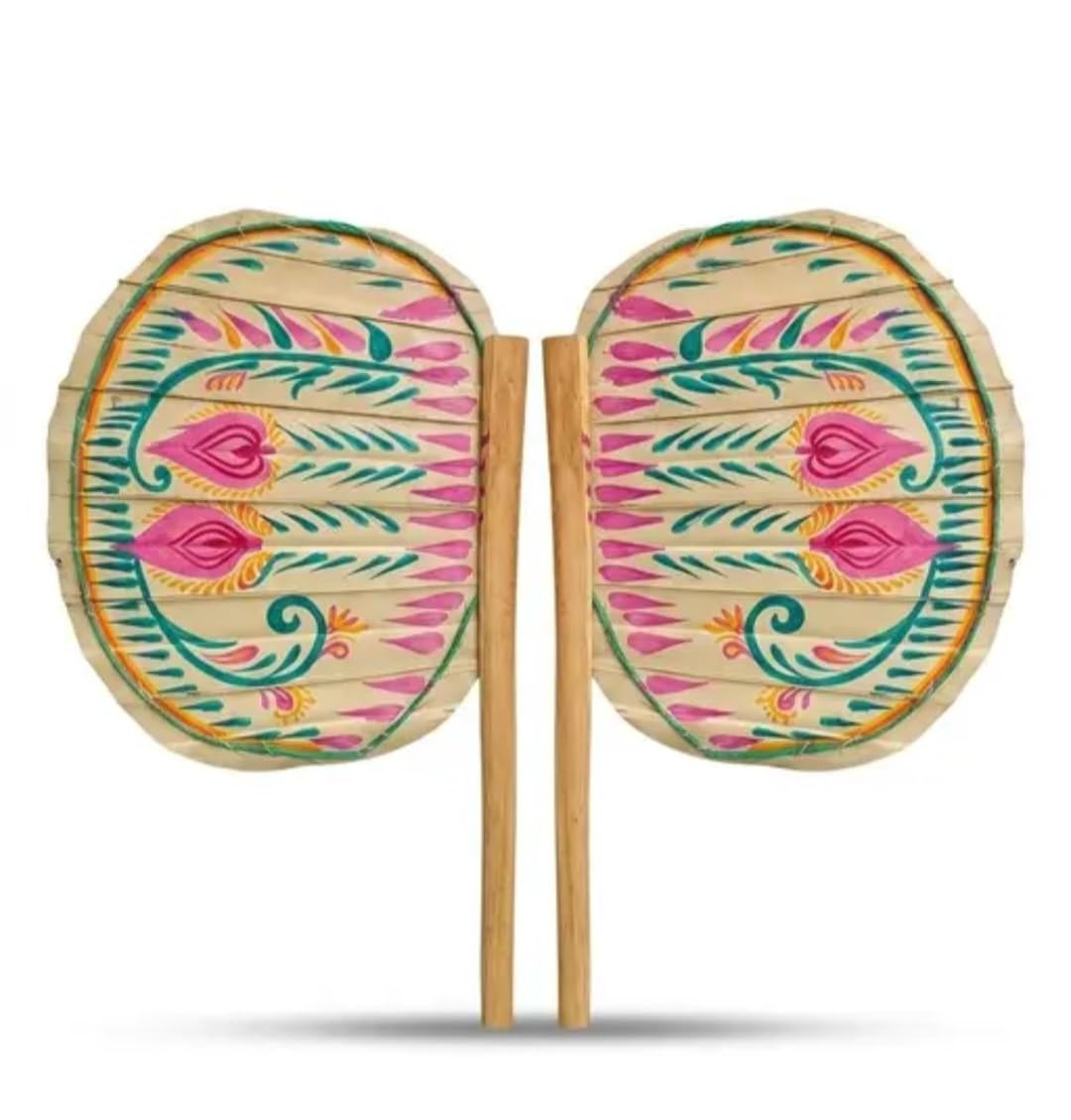 Hand-Painted Round Bamboo Fan with Floral Design, Traditional Decorative Hand Fan, Set of 2