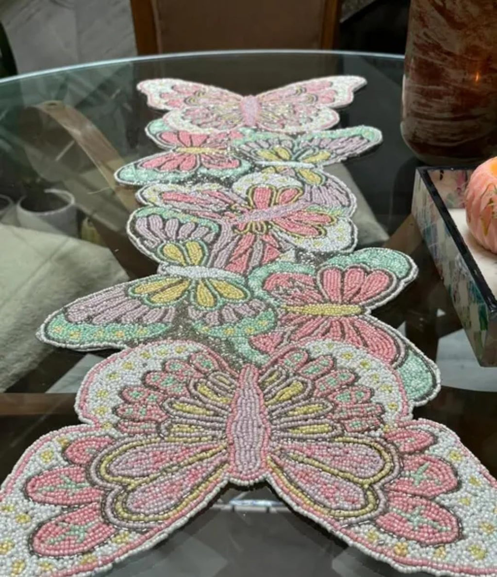 Butterfly Table Runner, Beaded Embroidered Design, Pink and Green, Dining Table Decor