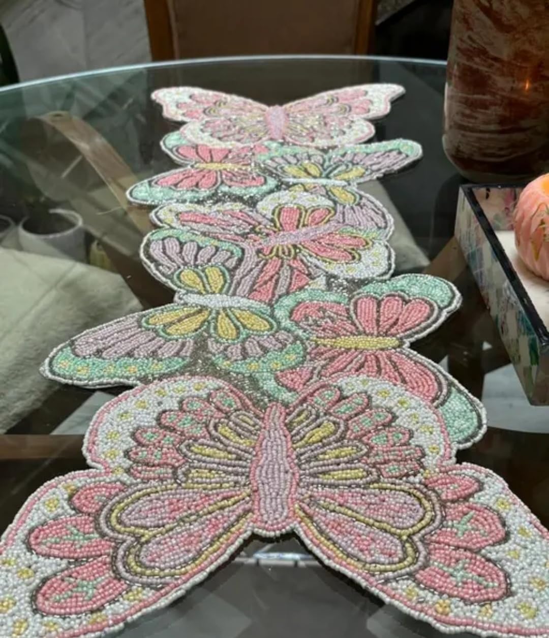 Butterfly Table Runner, Beaded Embroidered Design, Pink and Green, Dining Table Decor