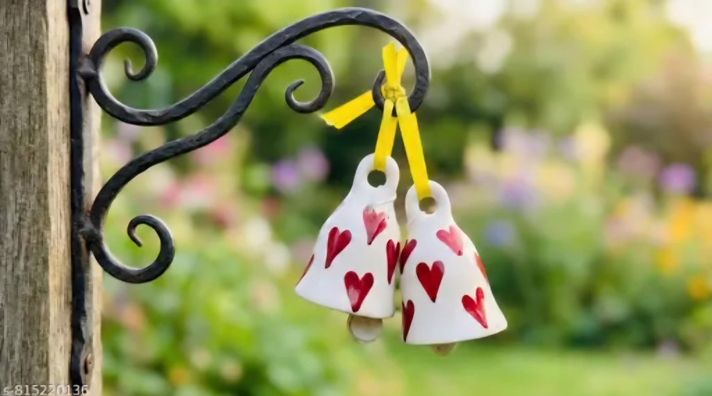 Ceramic Hanging Bells with Red Heart Pattern, White, Set of 2, Garden Decor