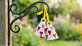 Ceramic Hanging Bells with Red Heart Pattern, White, Set of 2, Garden Decor