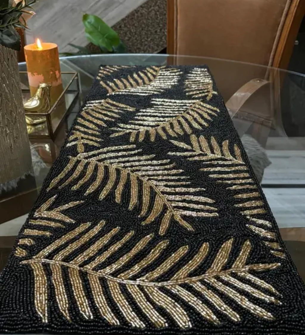 Beaded Table Runner, Black and Gold, Palm Leaf Pattern, Tropical Theme, Decorative Accent