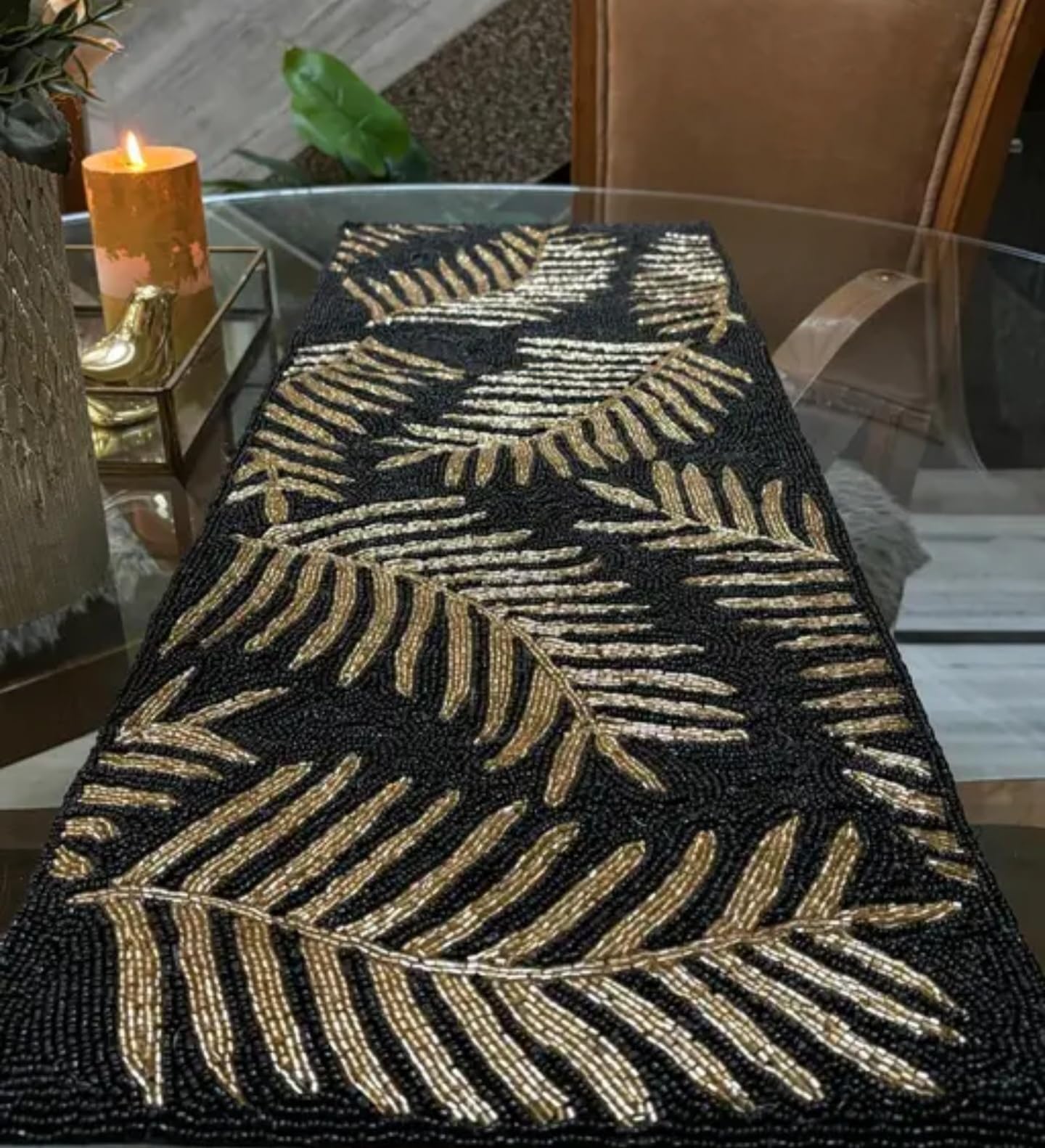 Beaded Table Runner, Black and Gold, Palm Leaf Pattern, Tropical Theme, Decorative Accent