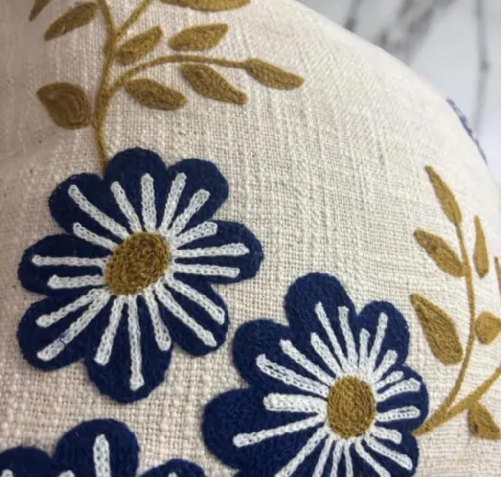 Floral Hand Embroidered Throw Pillow Cover, Beige Linen, Blue Flowers with Vine Detail, Decorative Square Cushion