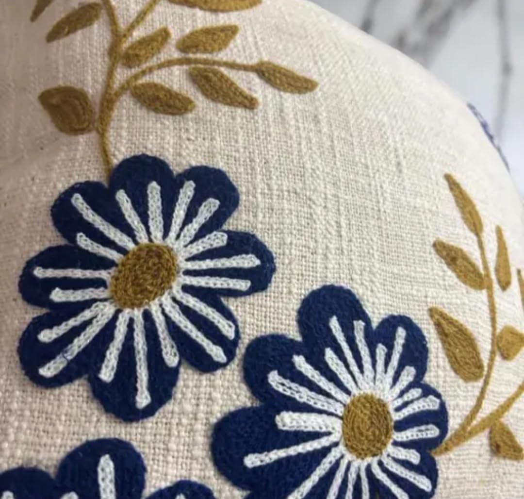 Floral Hand Embroidered Throw Pillow Cover, Beige Linen, Blue Flowers with Vine Detail, Decorative Square Cushion