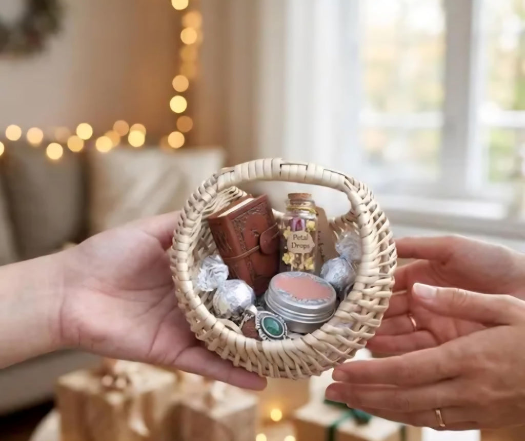 Small Wicker Basket with Handle, Round, Natural Woven Rattan, Miniature Decorative Storage