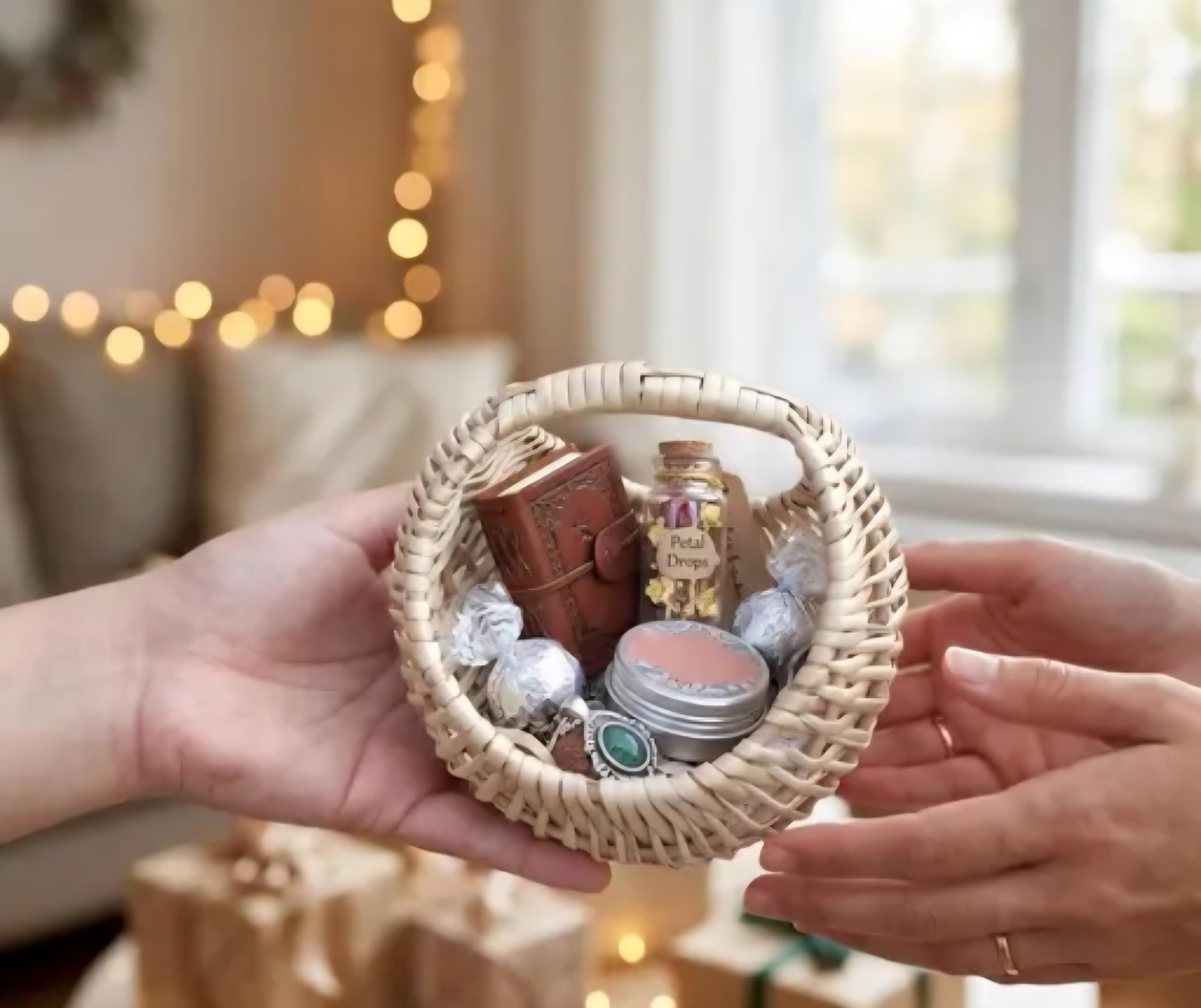 Small Wicker Basket with Handle, Round, Natural Woven Rattan, Miniature Decorative Storage