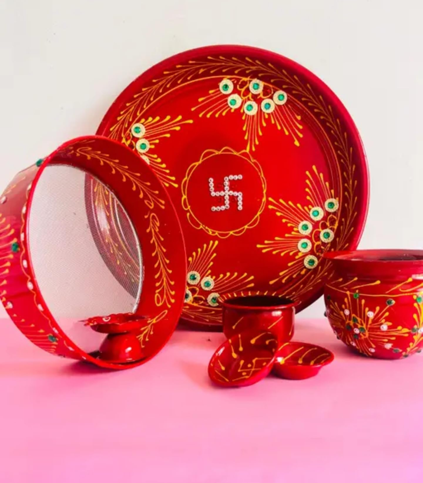 Handcrafted Red pooja thali for karwa chouth G,lass Decorative Bowl Set with Gold Floral Pattern, Emerald Crystal Accents, Traditional Style, karwa chouth set