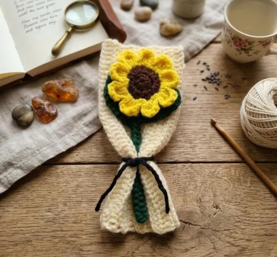 Crochet Sunflower Bouquet, Handmade Knit Floral Wrap, Yellow and Cream, Boho Gift Decor