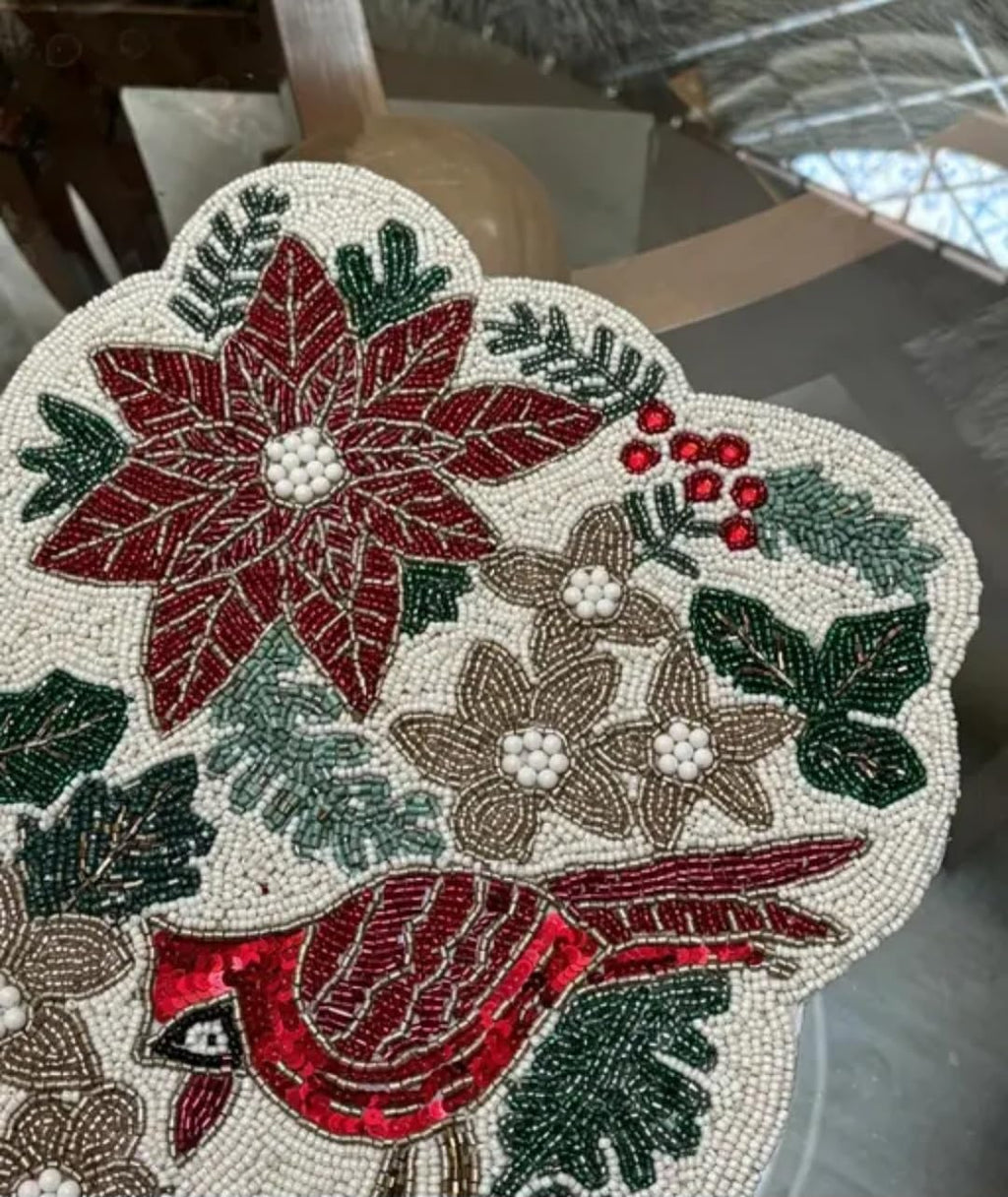 Beaded Table Runner, Red Poinsettia and Cardinal Design, Holiday Christmas Decor, Scalloped Edge