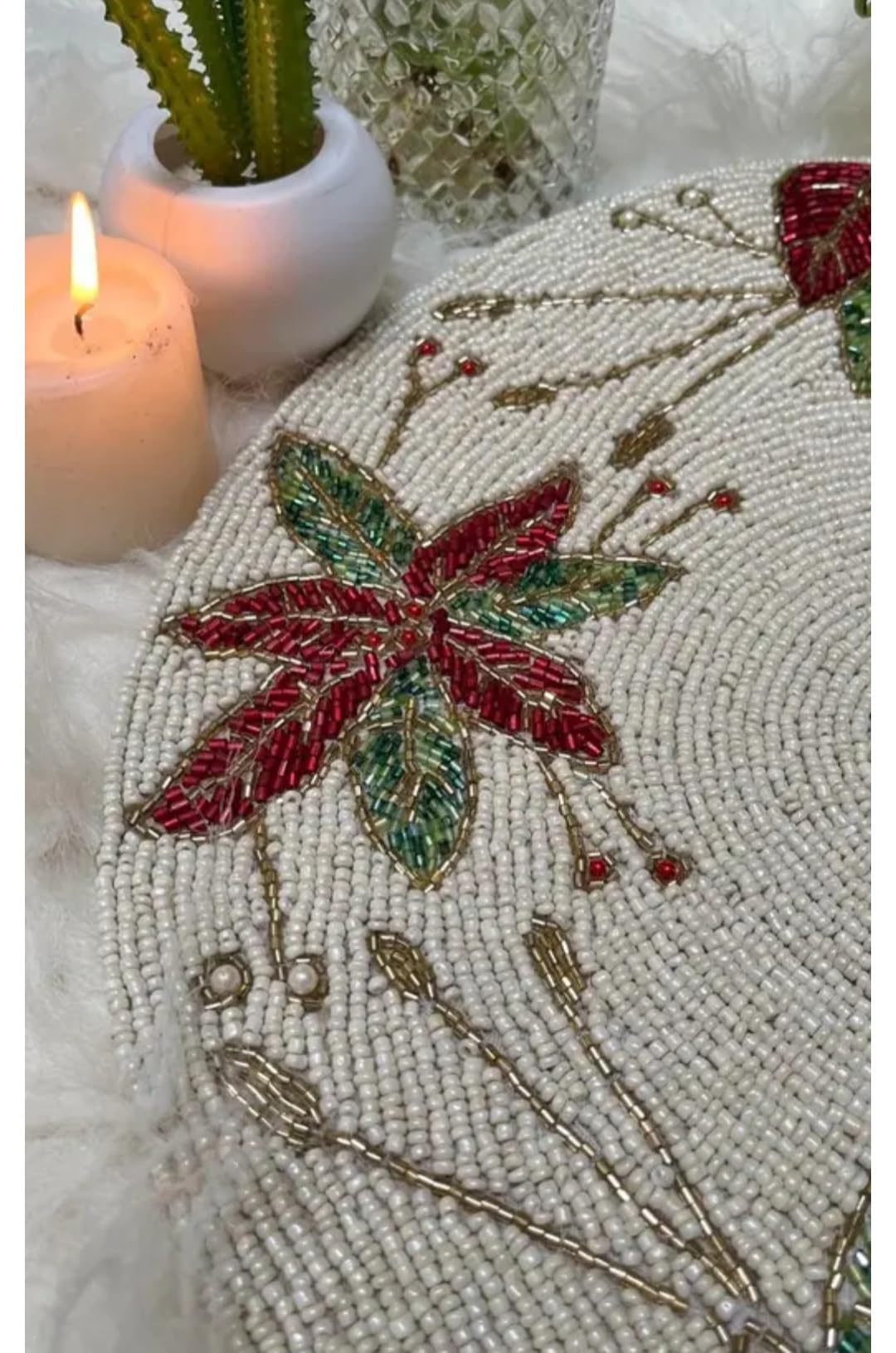 Beaded Round Placemat, White with Floral Leaf Design, Handcrafted Table Decor