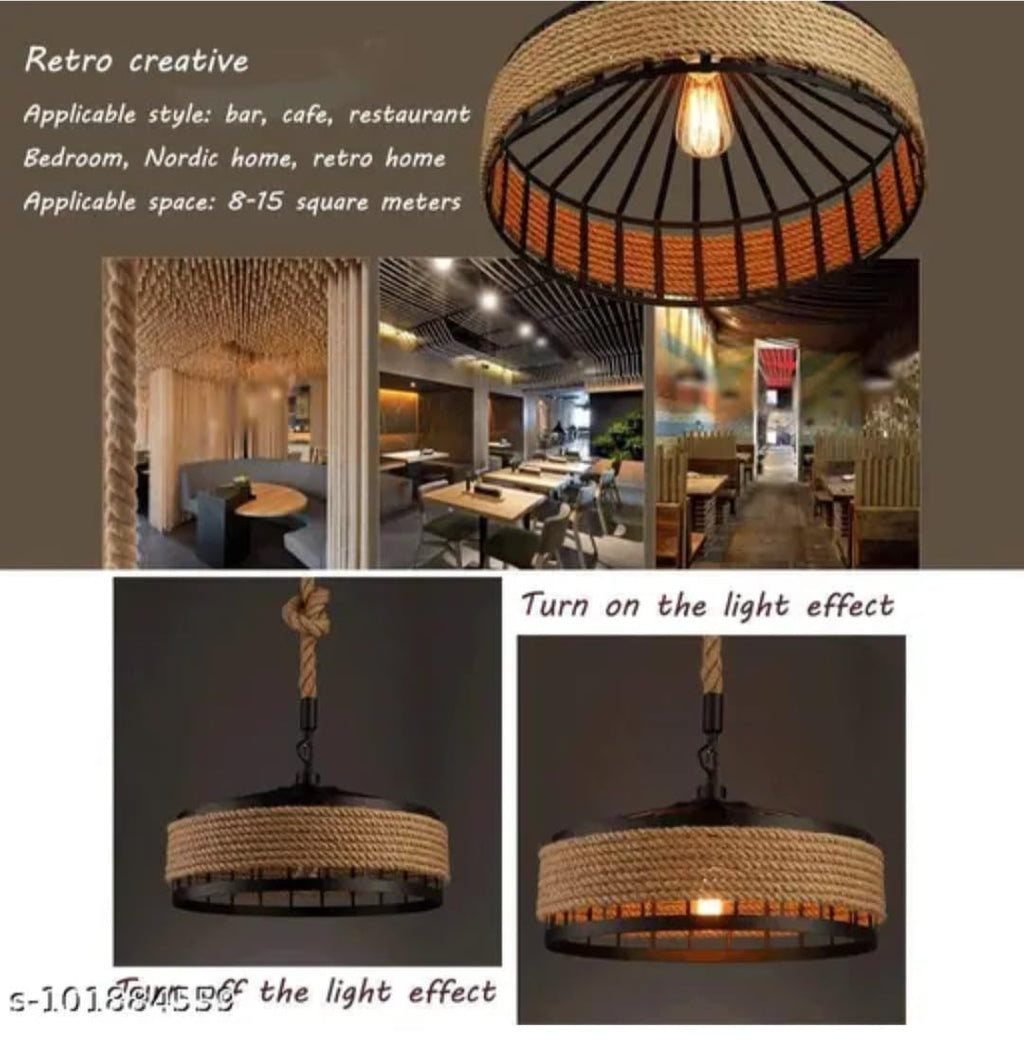 Rustic Rope Pendant Light, Natural Jute with Black Metal Frame, Industrial Farmhouse Style