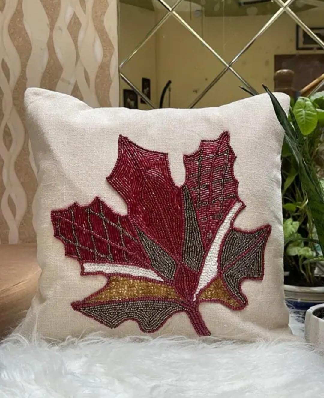 Beaded Maple Leaf Throw Pillow Cover, Ivory, Embroidered Botanical Design, Decorative Cushion