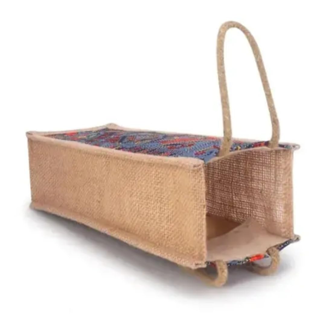 Jute Wine Bottle Bag with Rope Handles, Bohemian Print, Single Bottle Tote
