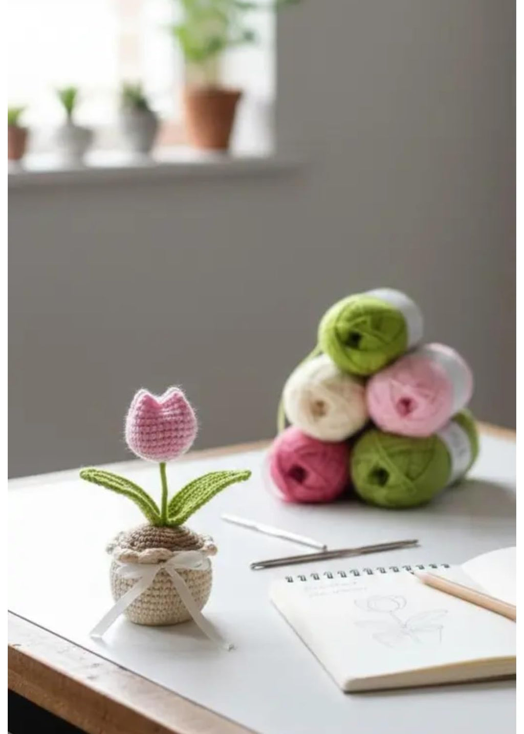 Handmade Crochet Tulip Potted Plant, Pink Flower with Green Leaves, Miniature Knitted Decor, Ribbon Bow Accent