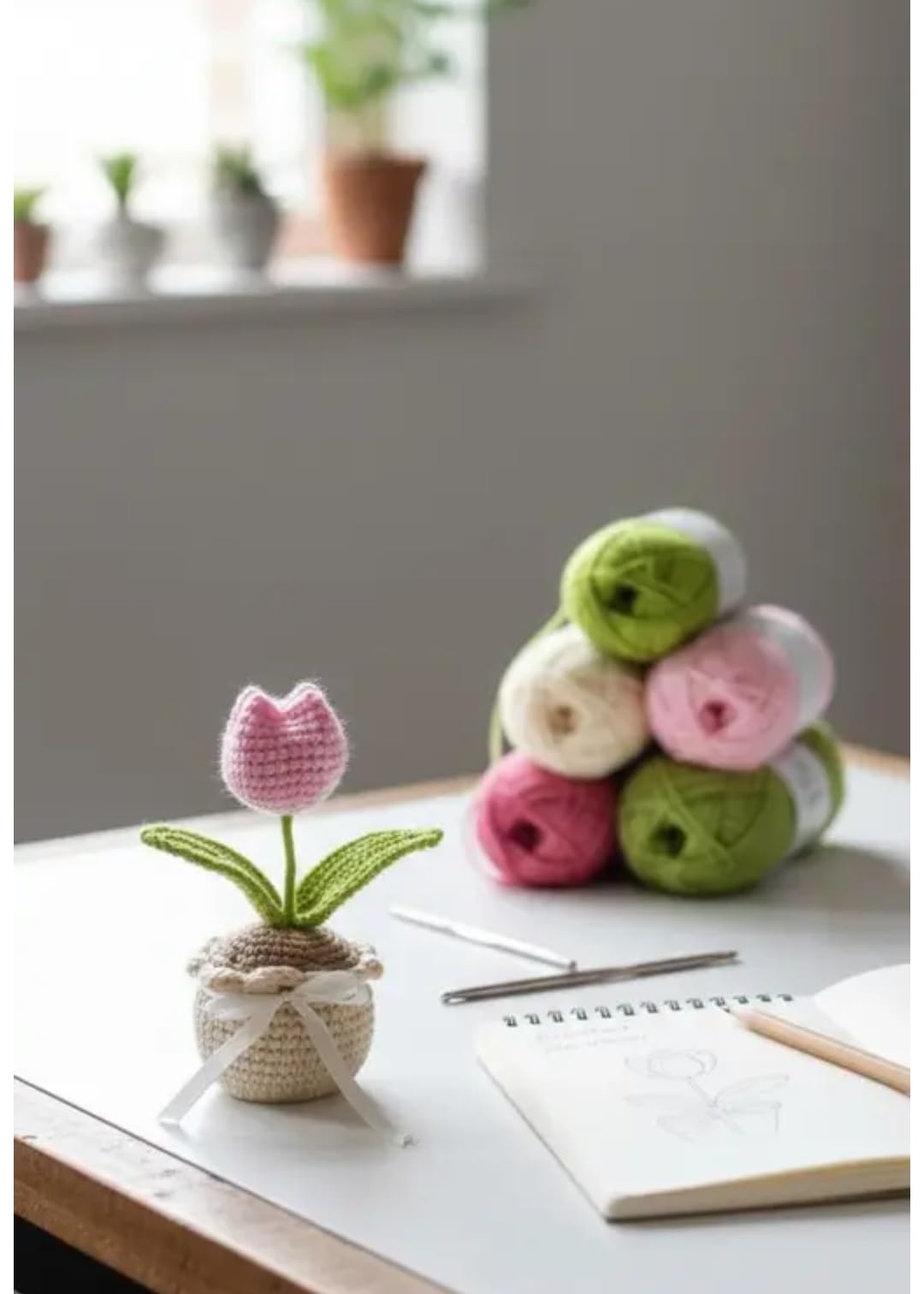 Handmade Crochet Tulip Potted Plant, Pink Flower with Green Leaves, Miniature Knitted Decor, Ribbon Bow Accent