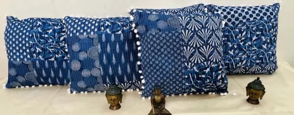 Indigo Blue Decorative Handmade Throw Pillow Cover with White Pom Pom Trim, Hand Block Print Jaipuri Kantha Pattern, Cotton Cushion Covers