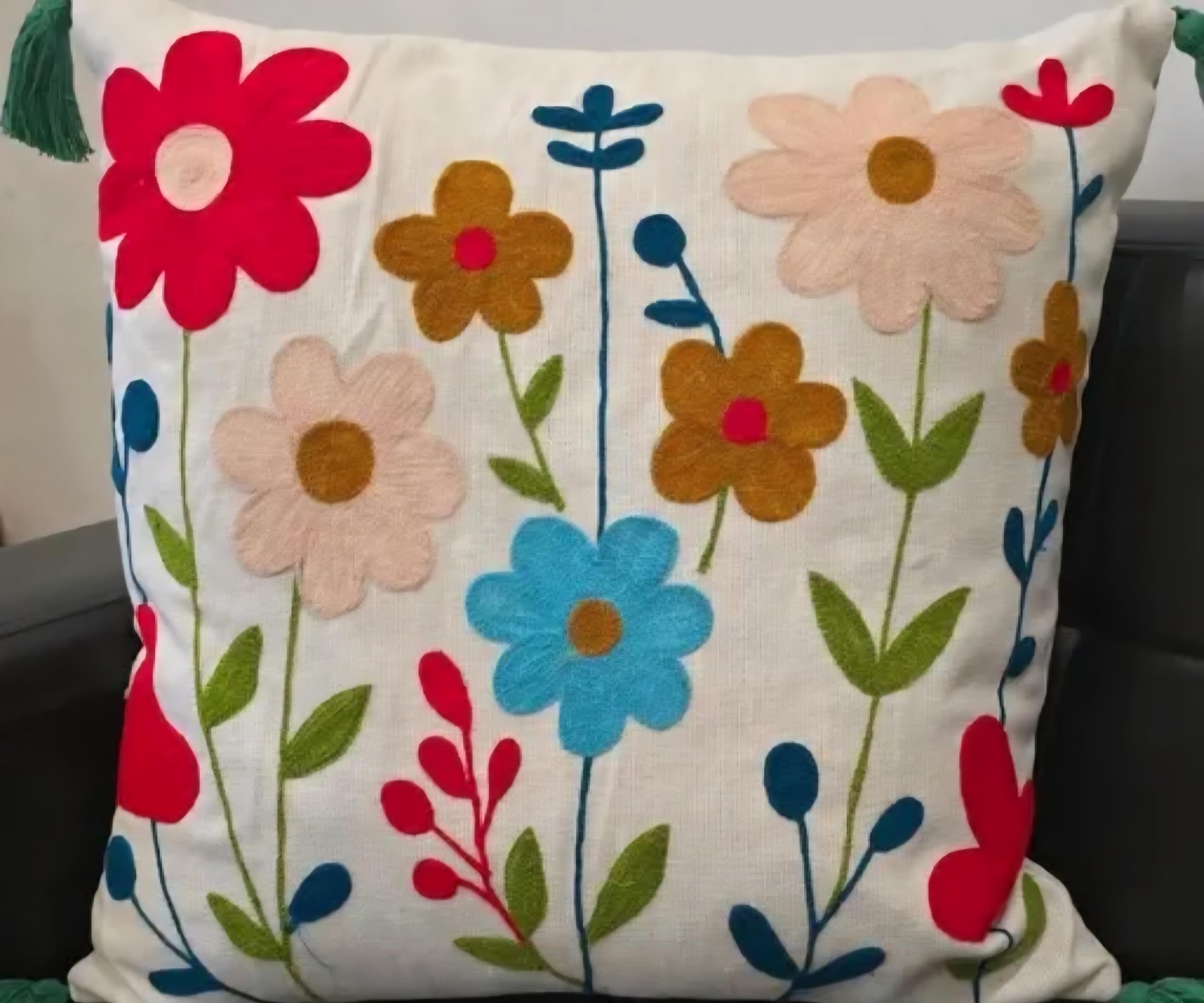 Hand Embroidered Throw Pillow Cover, Multicolor Wildflower Design, Boho Style with Tassels, White