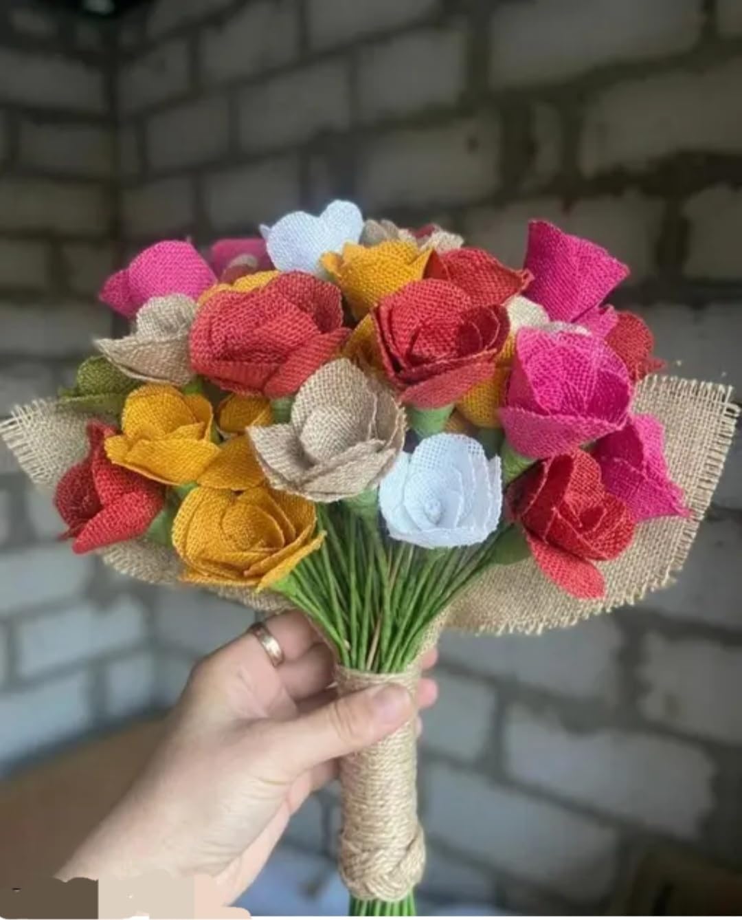 Handmade Burlap Rose Bouquet, Multicolor, Rustic Jute Fabric Flowers, Twine-Wrapped Handle, Wedding Decor