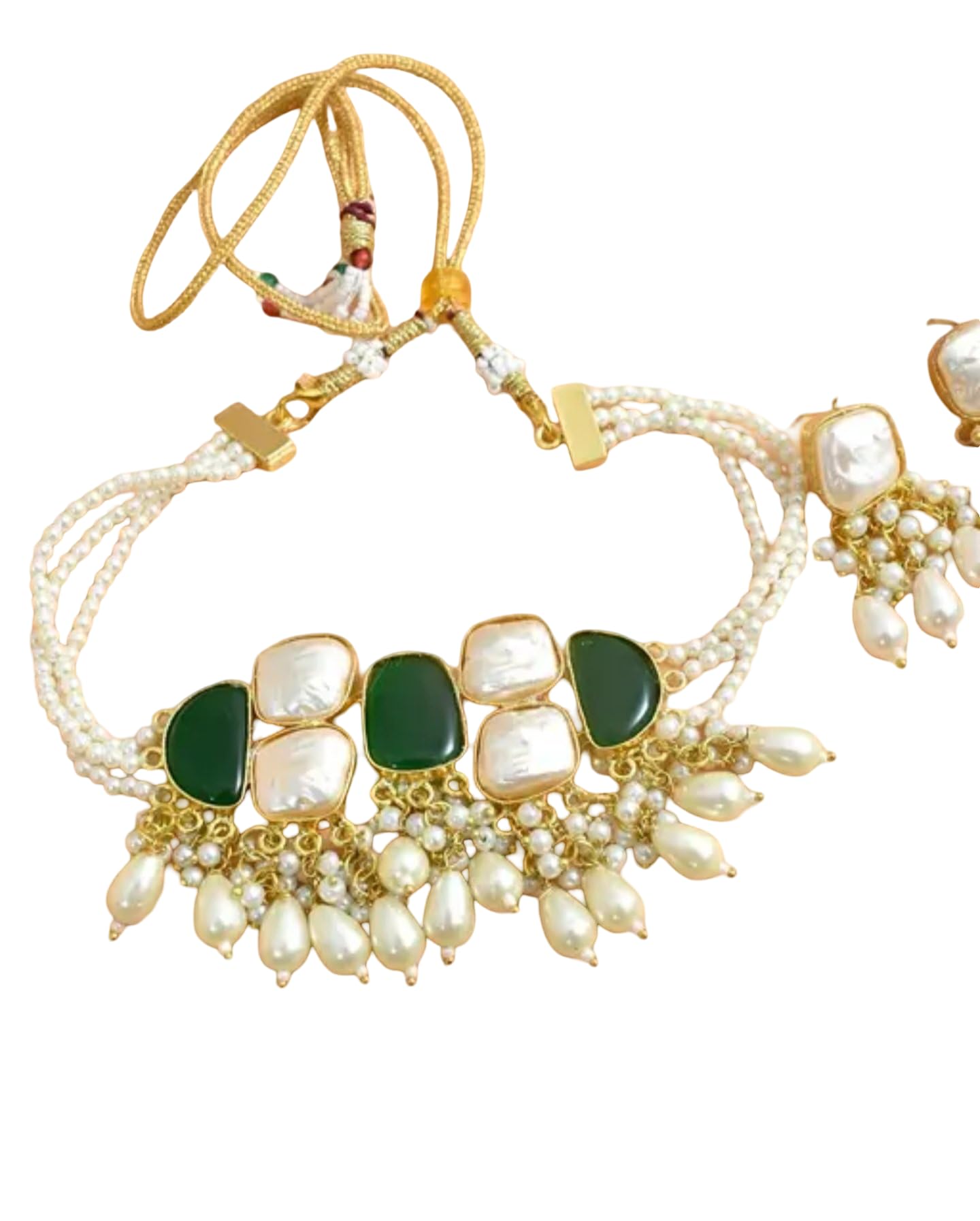 Elegant Pearl Choker Necklace with Green Stones and Pearl Drops, Traditional Indian Style, Gold-Plated, wedding jewelry set