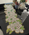 Beaded Table Runner, Floral Design with Gold Trim, White Flowers with Green and Yellow Leaves