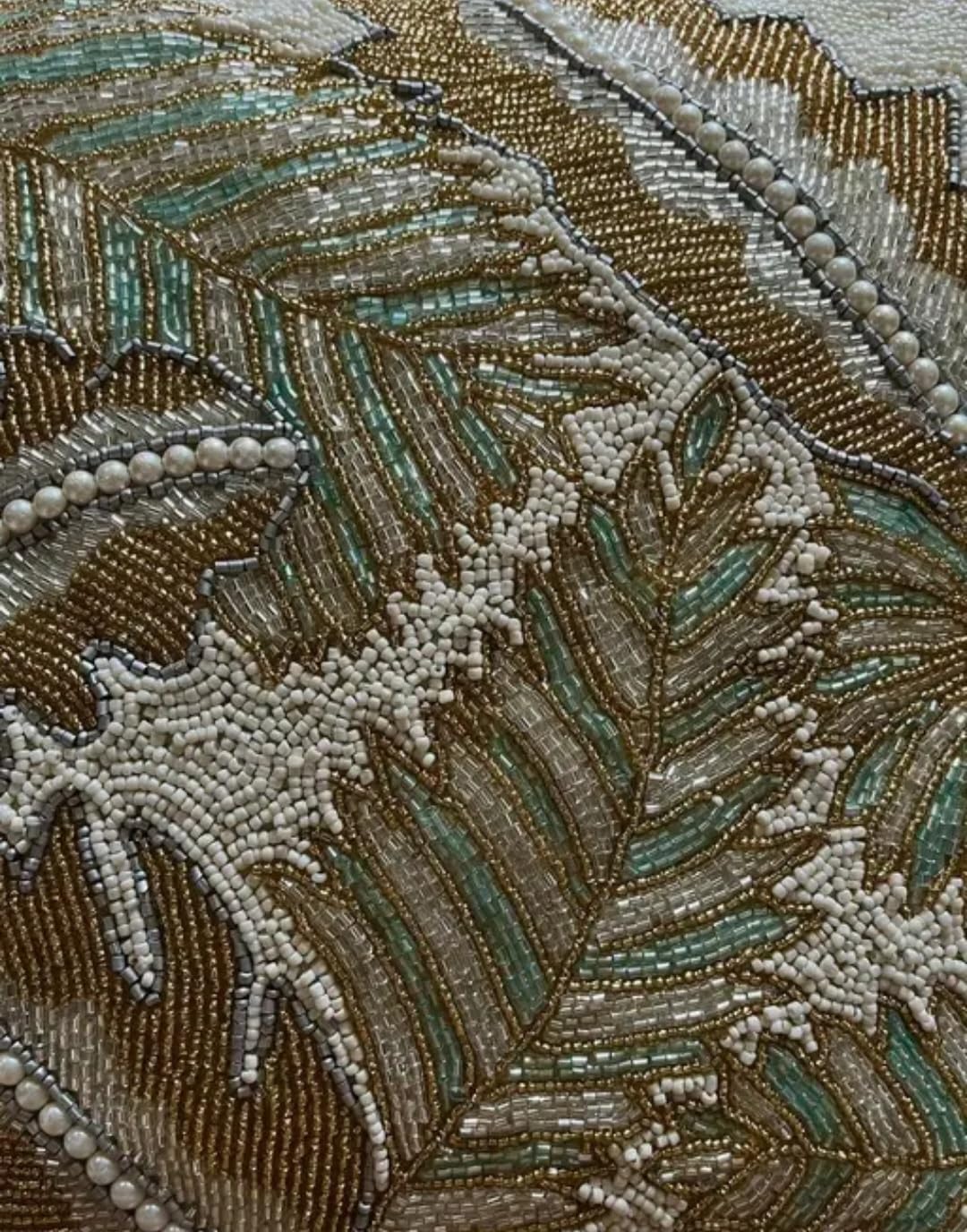 Beaded Decorative Throw Pillow Cover, Feather Design, Gold Brown Turquoise White, Embellished Cushion Case