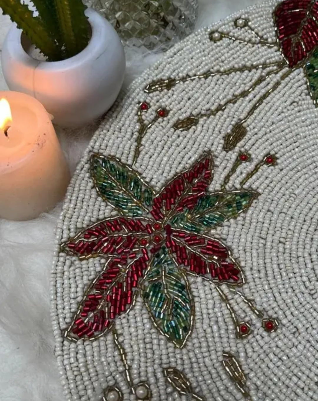 Beaded Round Placemat, White with Floral Leaf Design, Handcrafted Table Decor