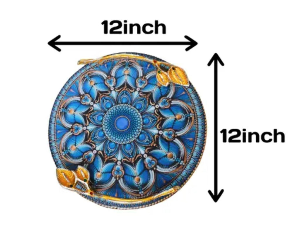 Decorative Round Serving Tray with Mandala Pattern, Blue and Gold, Hand-Painted Floral Design, Ornate Metallic Handles