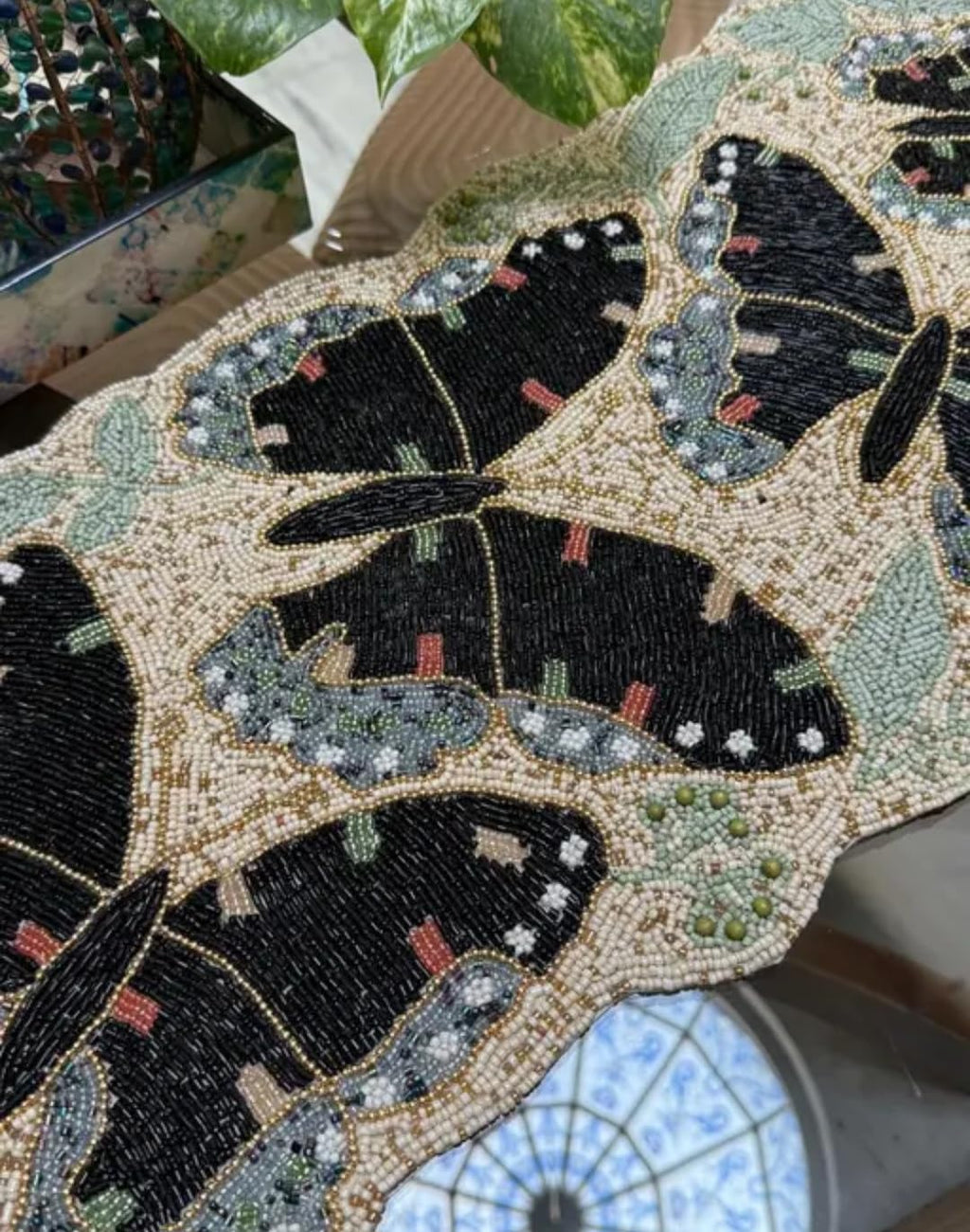 Beaded Butterfly Table Runner, Black and Green, Handcrafted Mosaic Bead Design, Decorative Home Decor