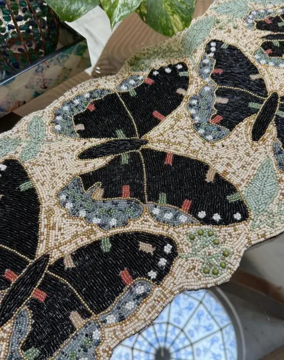 Beaded Butterfly Table Runner, Black and Green, Handcrafted Mosaic Bead Design, Decorative Home Decor