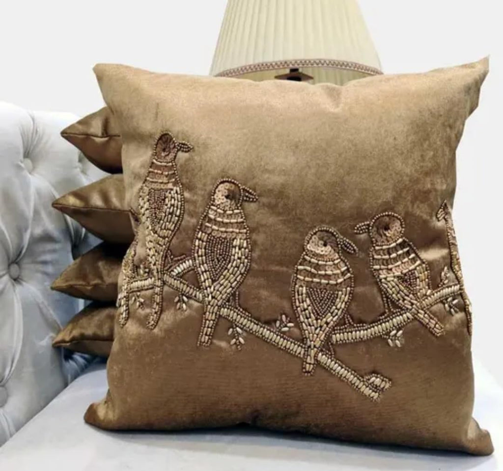 Velvet Throw Pillow Cover with Beaded Bird on Branch Embroidery, Gold, Decorative Cushion Cover