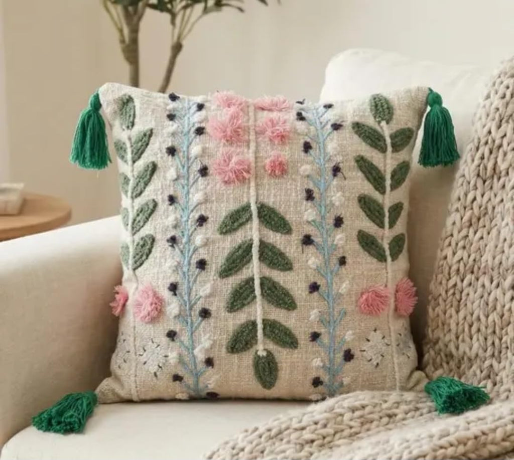 Hand Embroidered Floral Throw Pillow Cover with Green Tassels and Pink Pom-Poms, Boho Botanical Style