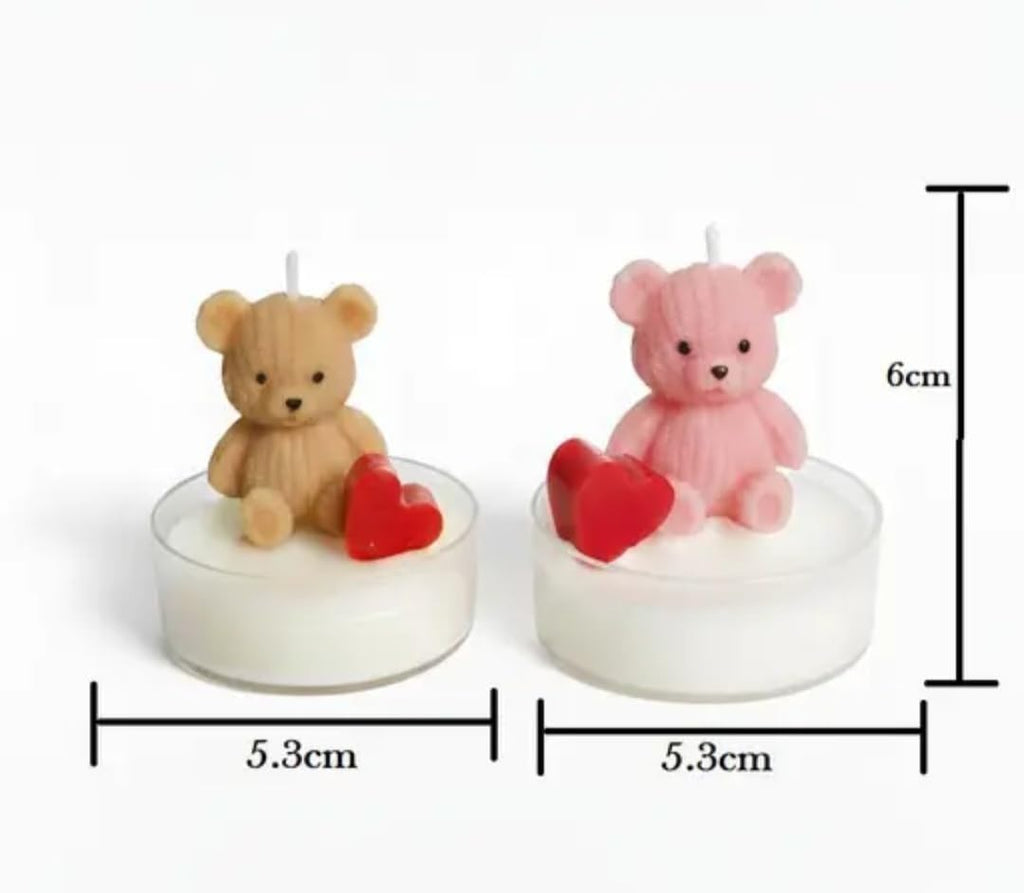 Teddy Bear Candles with Red Hearts, Set of 2, Pink and Beige, Decorative Tea Light Candles