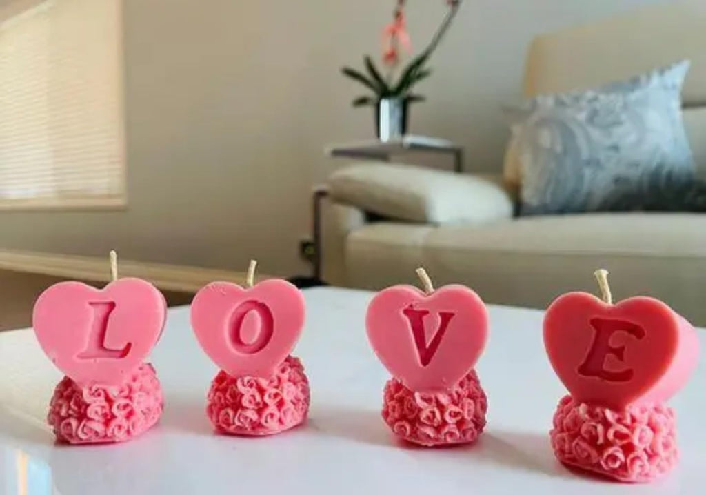 Heart shapped love candle,Pink Heart-Shaped LOVE Letter Decorative Ornaments with Rose Base, Set of 4, Valentine's Day Home Decor