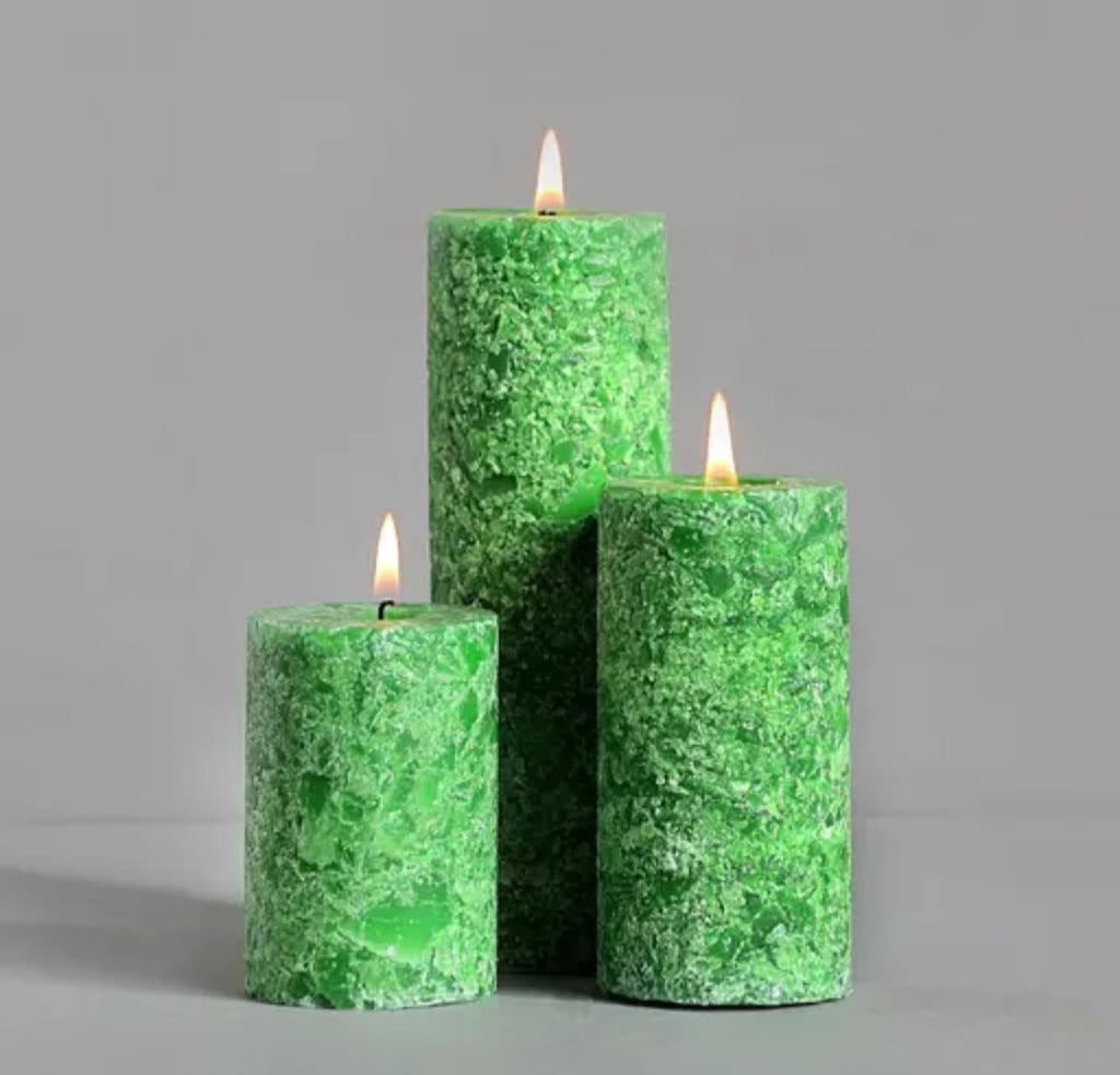 Rustic Textured Pillar Candles Set, Green, 3 Different Heights