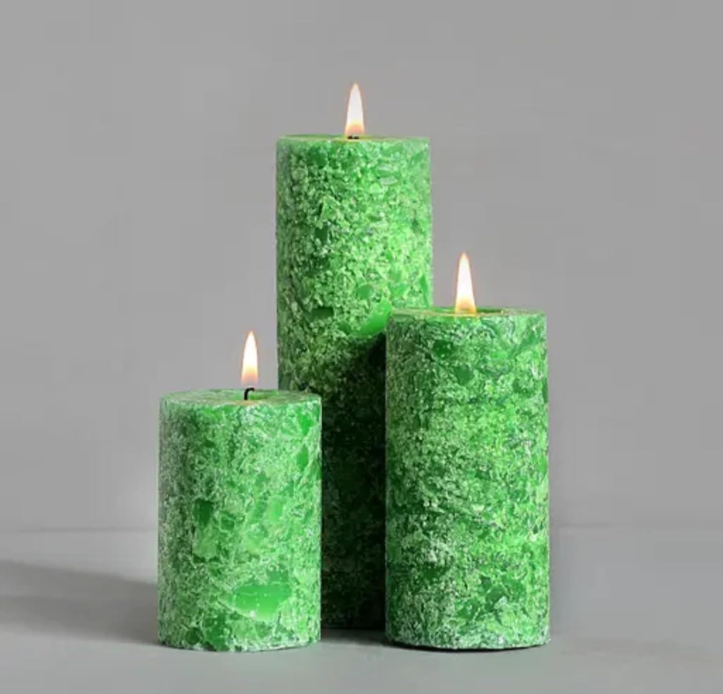Rustic Textured Pillar Candles Set, Green, 3 Different Heights