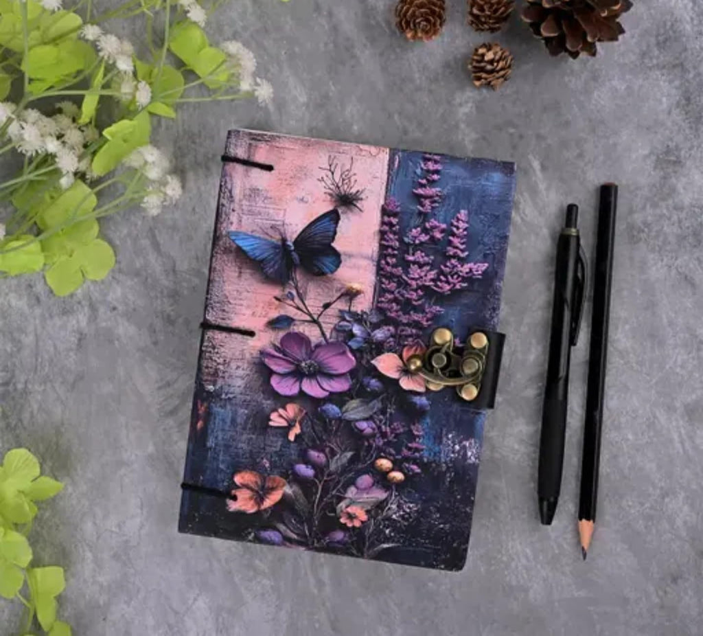 Vintage Butterfly Garden Journal, Hardcover Notebook with Floral Design, Purple and Pink, Metal Clasp Lock, Gothic Fantasy Style
