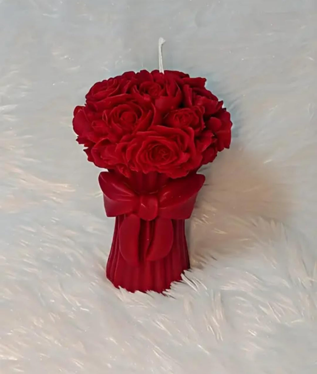 Red Rose Bouquet Candle, Decorative Flower Design with Bow, Romantic Theme