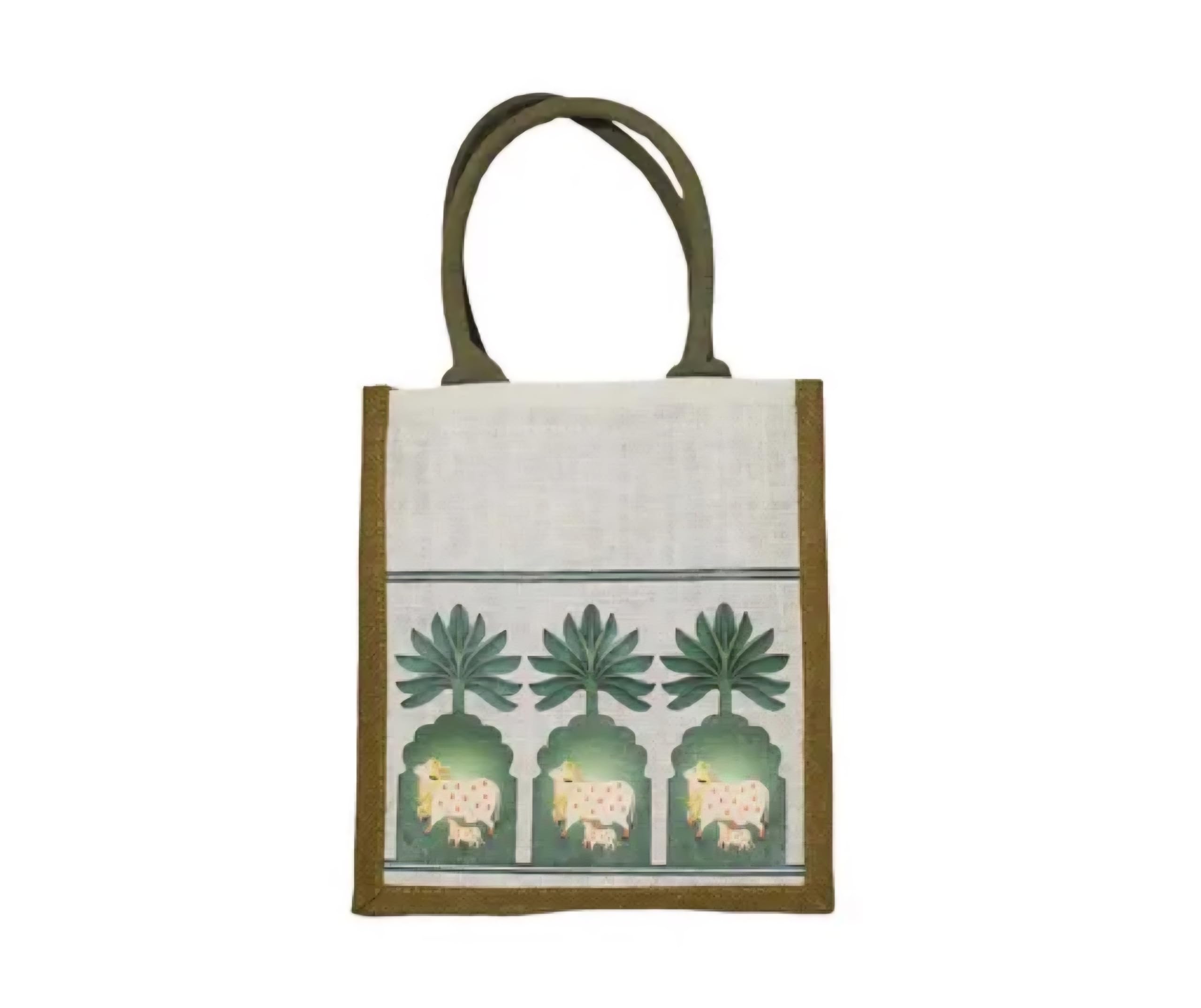Jute Tote Bag with Pichwai Print, Green and White, Traditional Indian Art Style