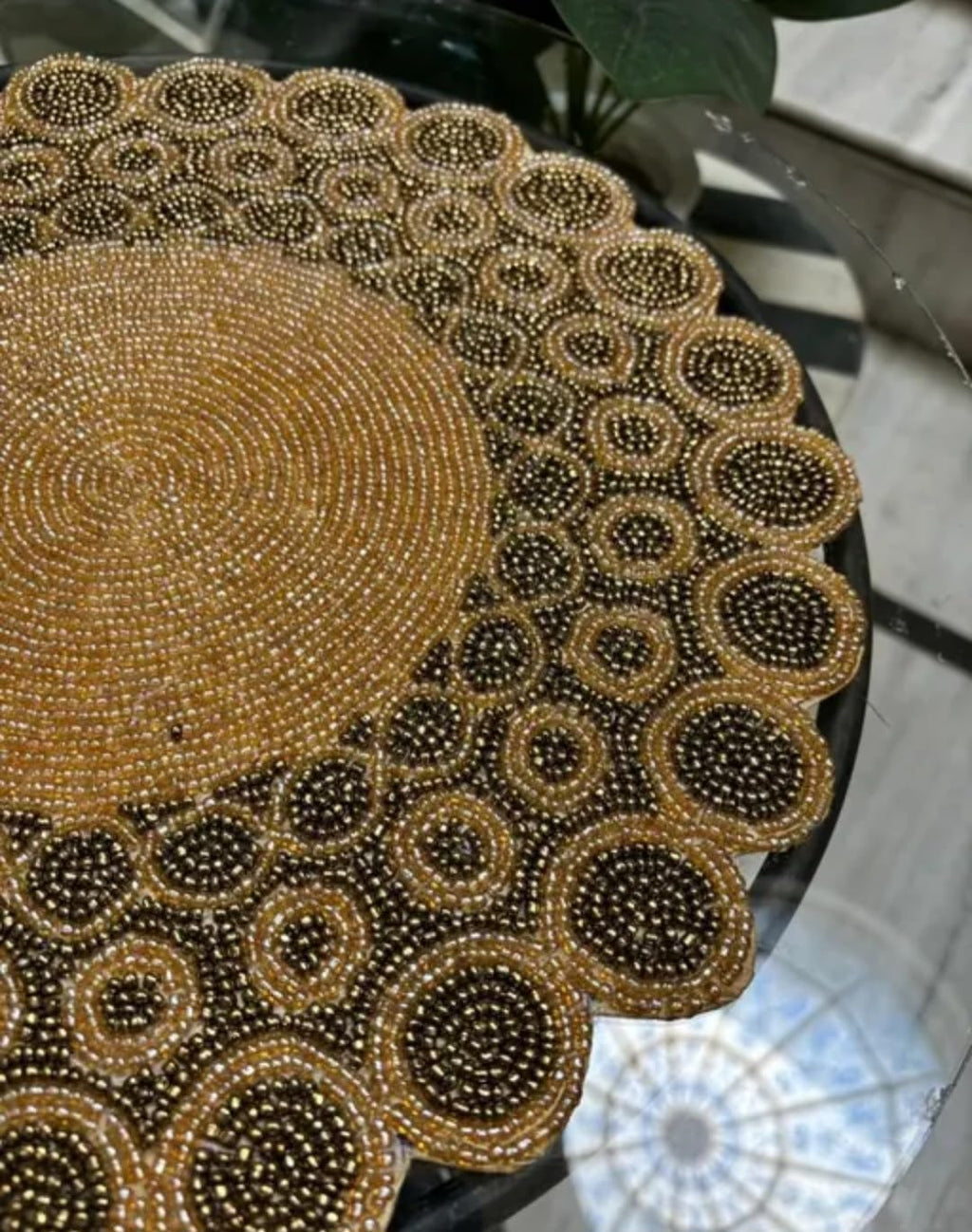 Round Beaded Placemat, Gold and Black, Decorative Table Mat, Scalloped Edge, Handcrafted