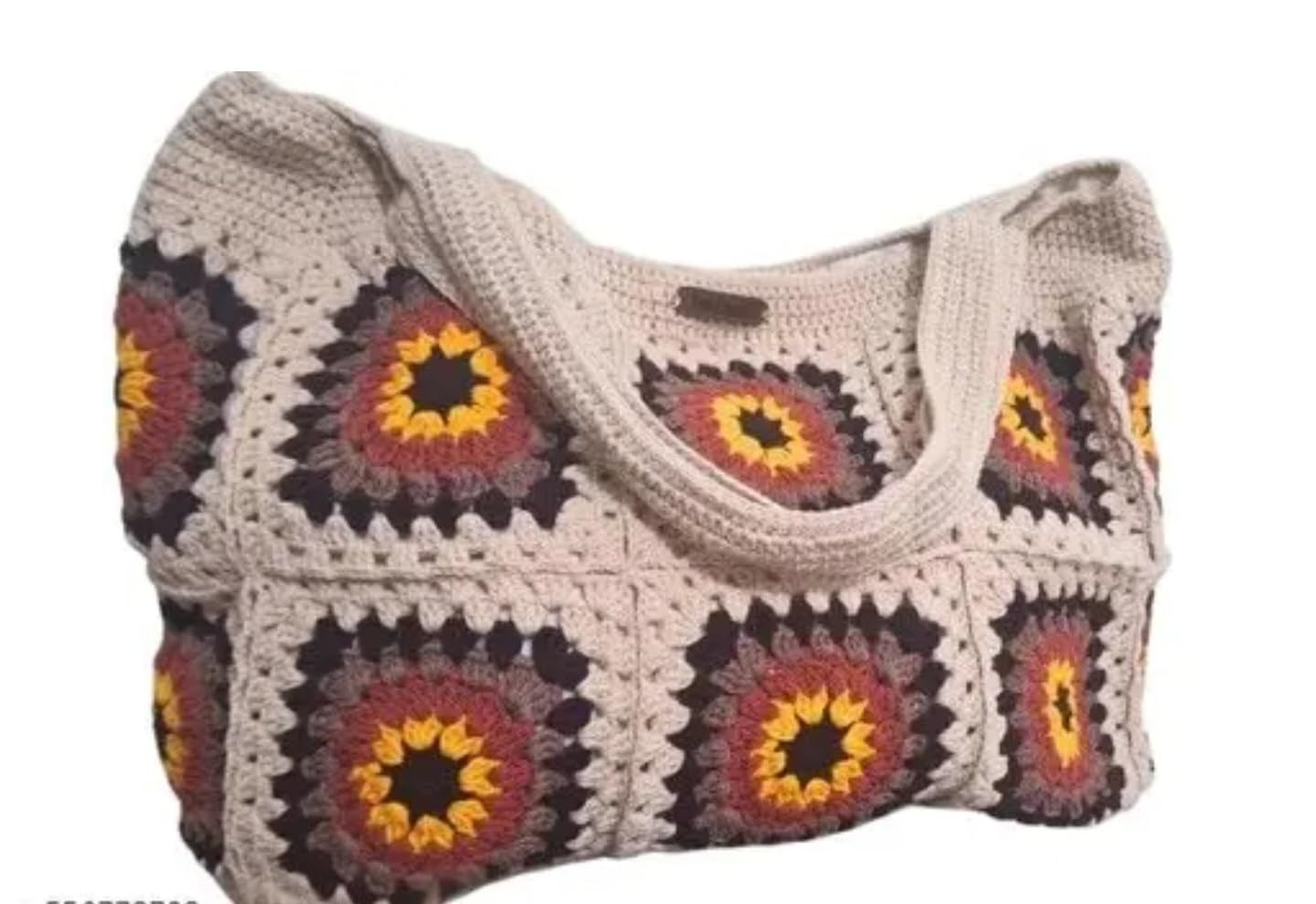 Handmade Crochet Tote Bag, Granny Square Pattern, Beige with Yellow and Red Sunburst Design