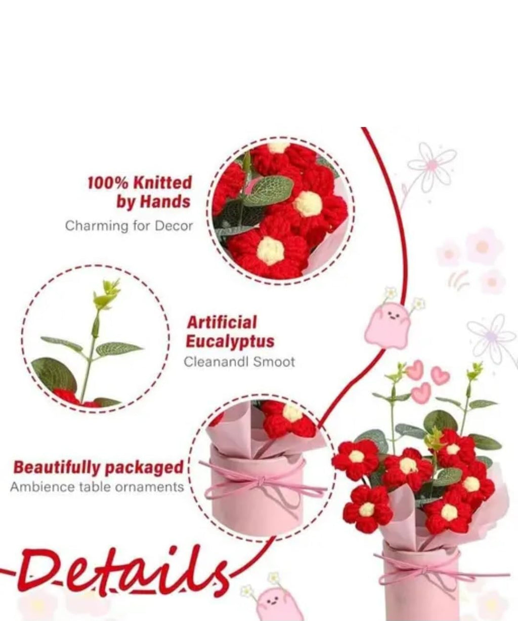 Artificial Red Flower Bouquet with Eucalyptus Leaves, Pink Wrapped Gift, Decorative Floral Arrangement