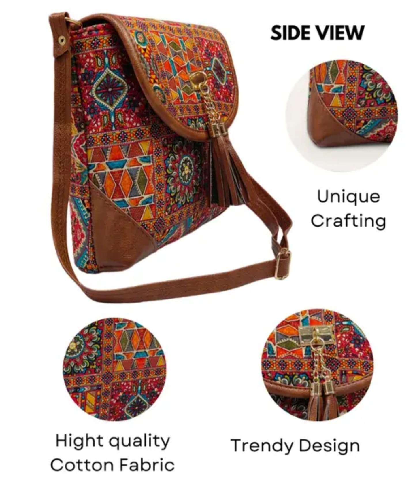 Bohemian Crossbody Bag, Vintage Patchwork Design with Tassel, Brown Leather Trim, Multicolour Pattern