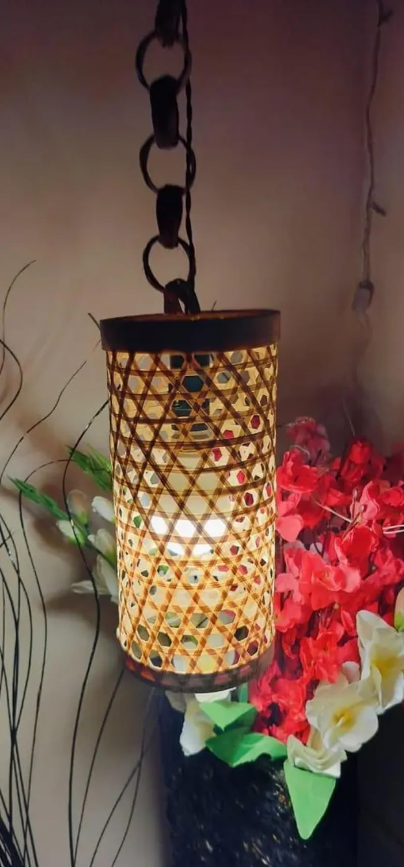 Hanging Pendant Light, Bamboo Woven Lattice Design, Cylindrical Shape, Chain Suspension, Warm Ambient Lighting