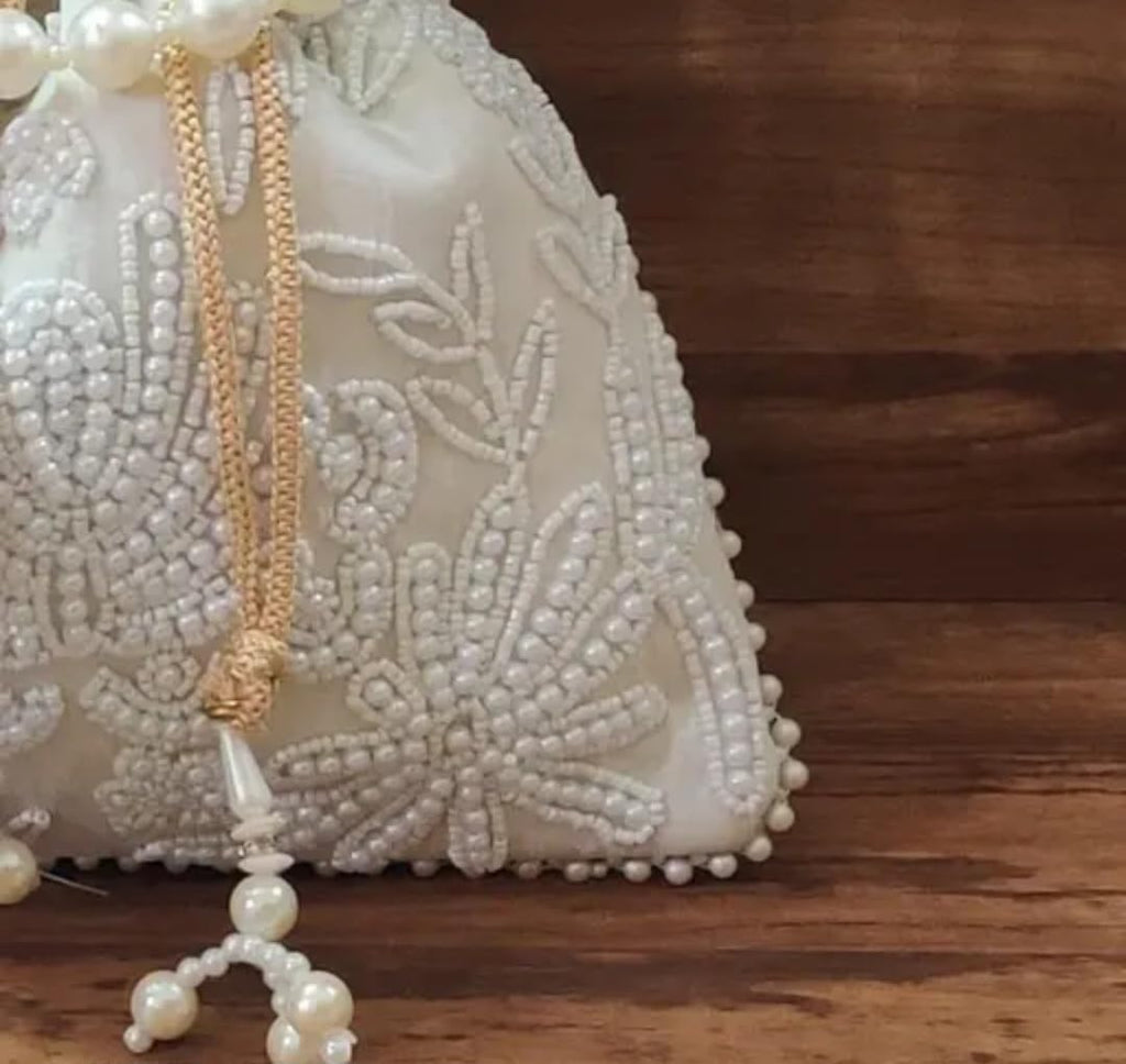 White Pearl Beaded Potlie Bag, Floral Embroidered Drawstring Clutch, Pearl Handle, Bridal Wedding Purse