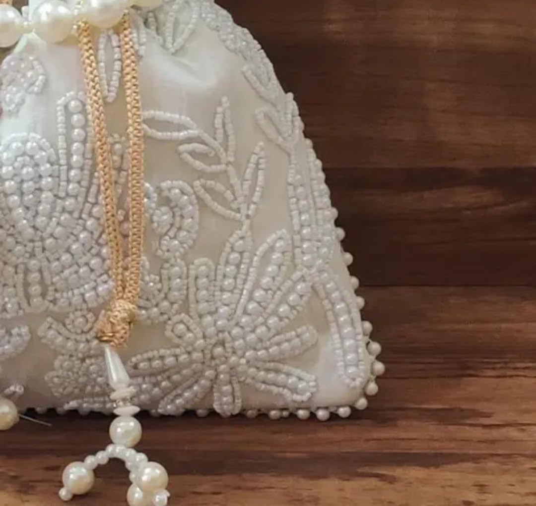 White Pearl Beaded Potlie Bag, Floral Embroidered Drawstring Clutch, Pearl Handle, Bridal Wedding Purse