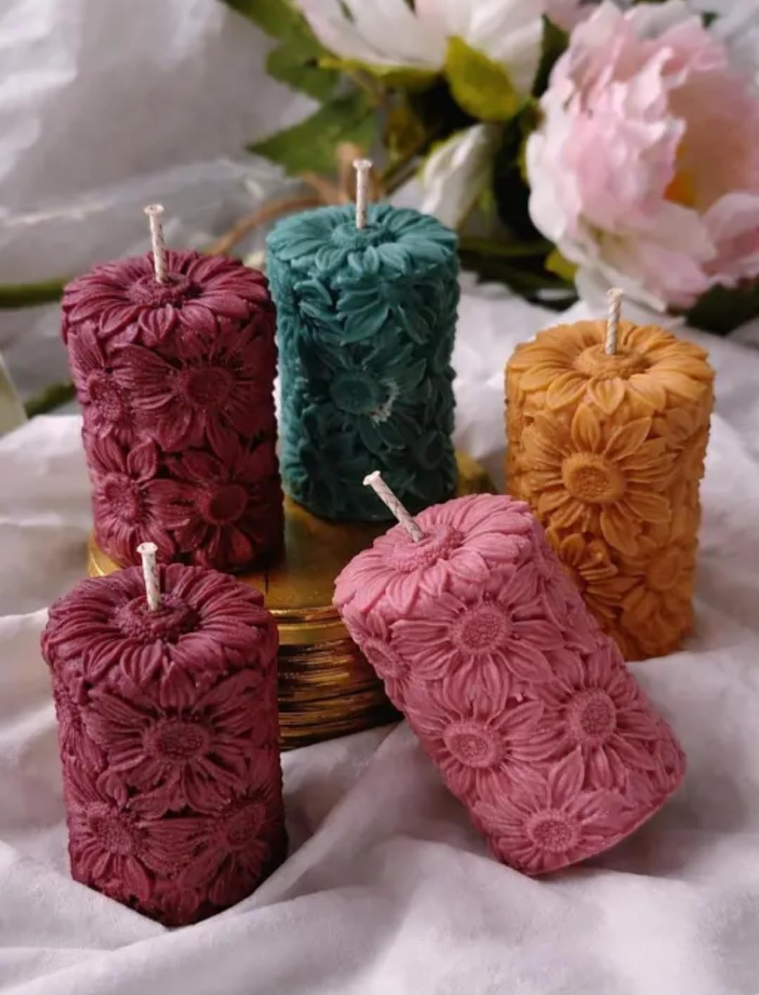 Floral Daisy Pillar Candles, Decorative Sculpted Flower Design, Multicolor, Set of 2, Random Colour