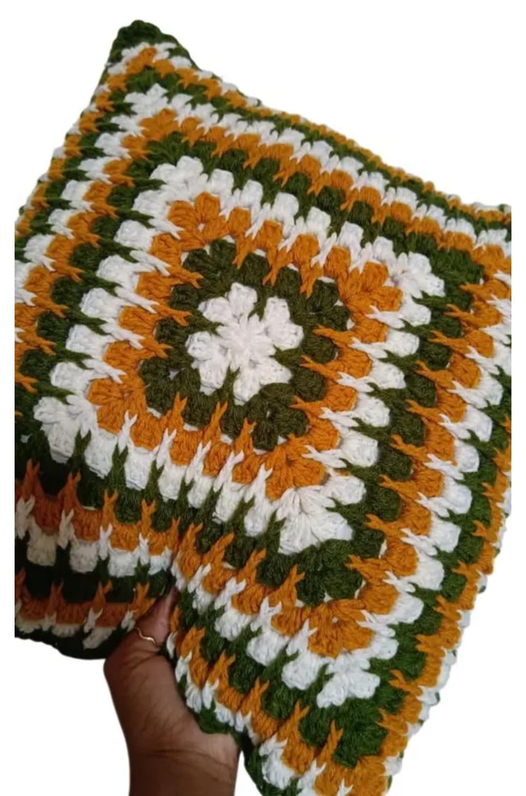 Handmade Crochet Throw Pillow Cover, Granny Square Pattern, Green, Orange & White, Boho Style