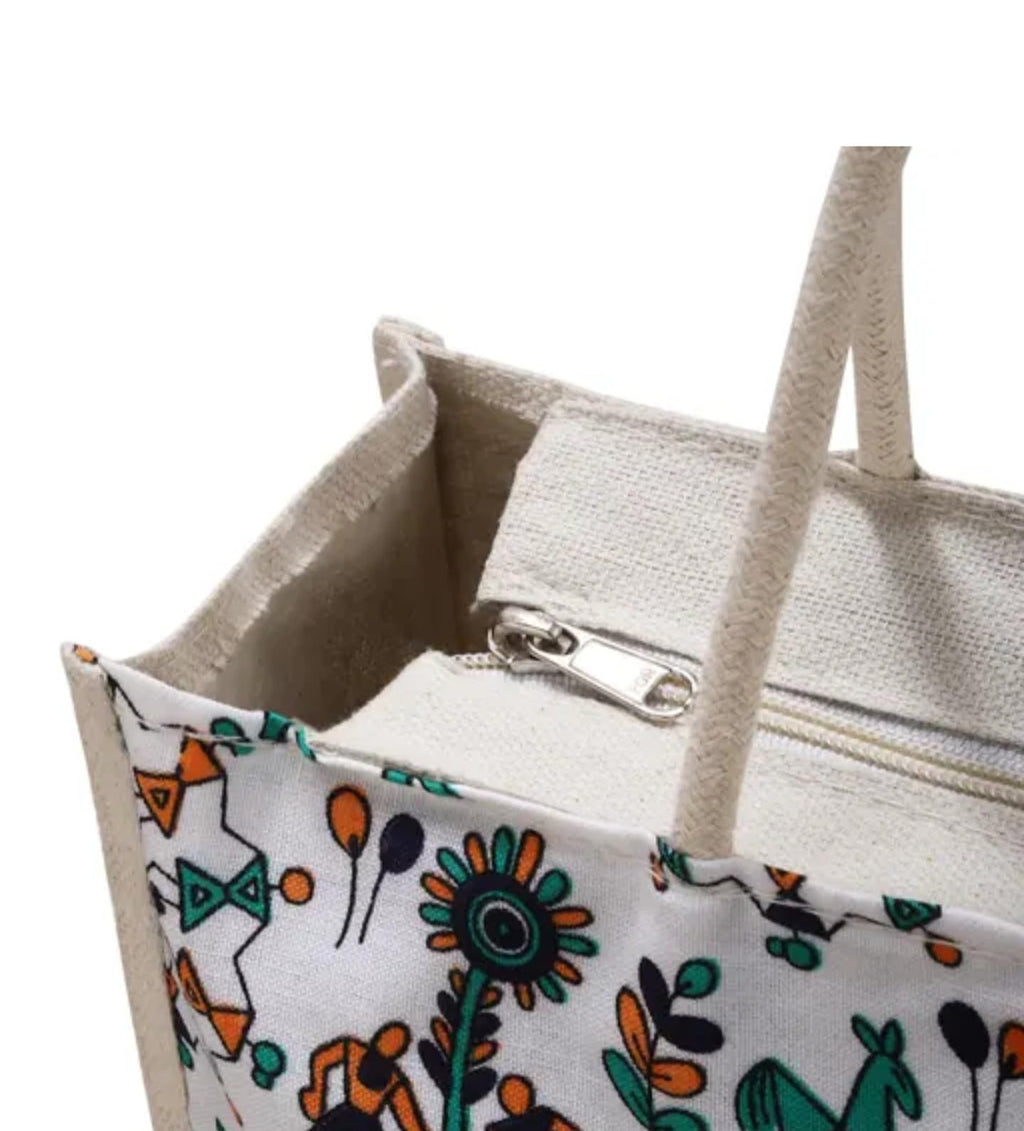 Decorative Canvas Tote Bag with Folk Art Pattern, Turquoise and Brown Elephant Print, White Background