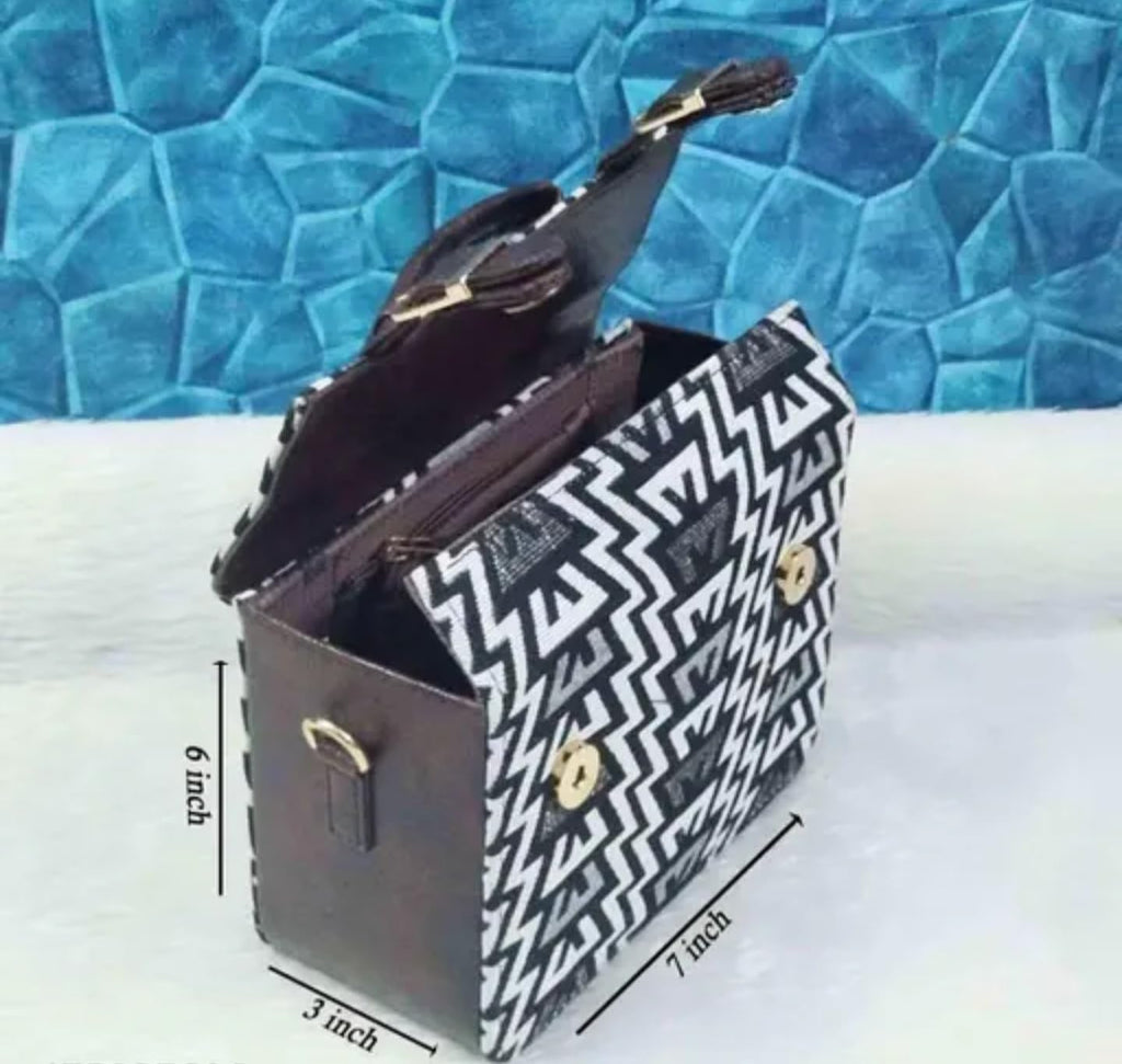 Geometric Pattern Handbag with Chain Strap, Black and White Aztec Design, Leather Buckle Details